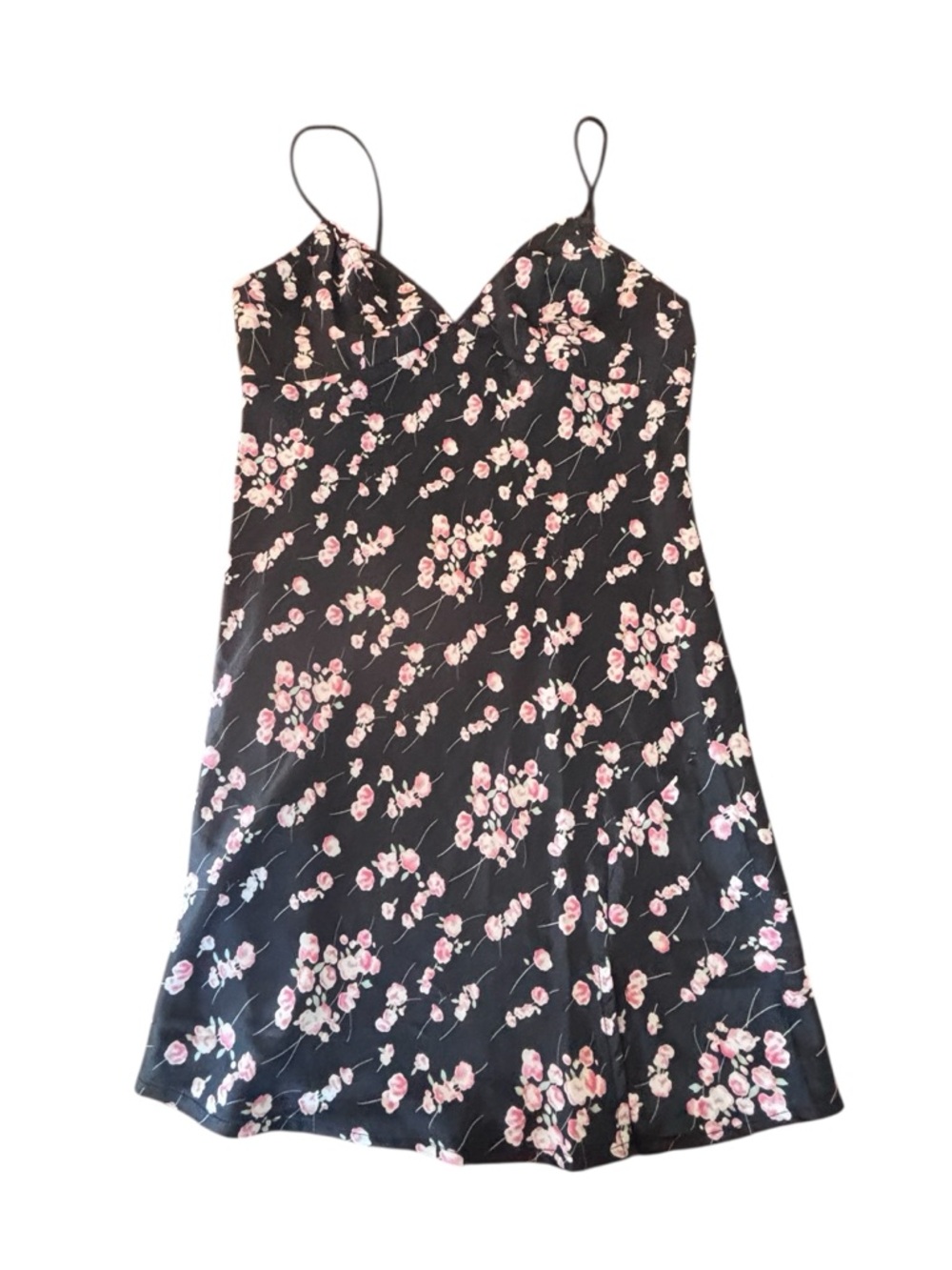Floral Slip Dress Black Pink Satin Mini Dress Y2K Cottagecore Spaghetti Strap
